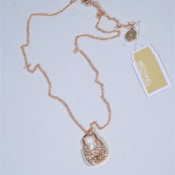 NIB MICHAEL KORS ROSE GOLD CRYSTAL PADLOCK NECKLACE - Picture 2 of 7